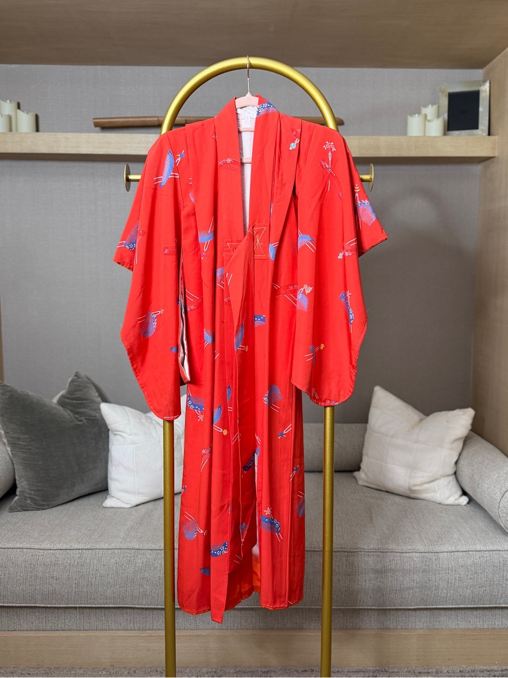 Red Women's Kimono Robe with Crane Motif